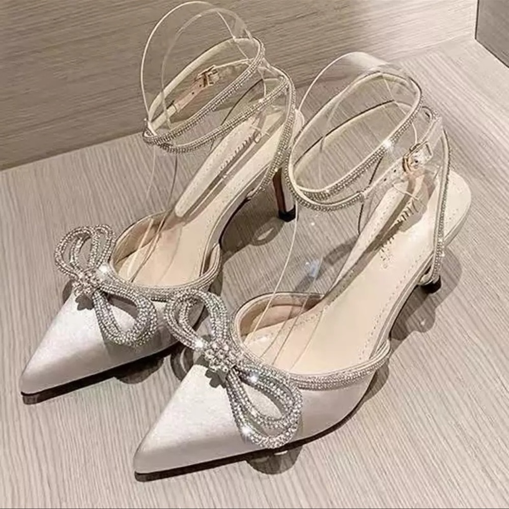 Women heels with Rhinestone Bow Decor